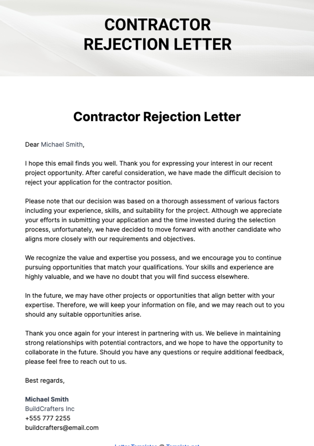 Free Contractor Rejection Letter Template