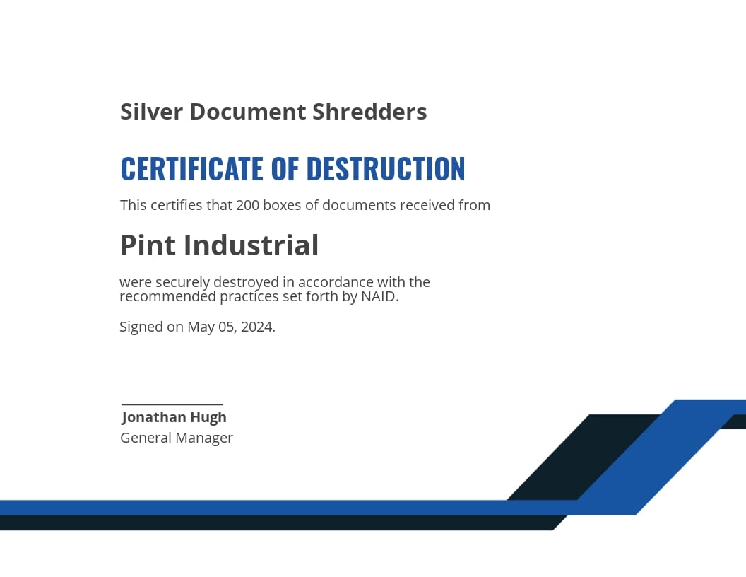 Certificate Of Destruction Template