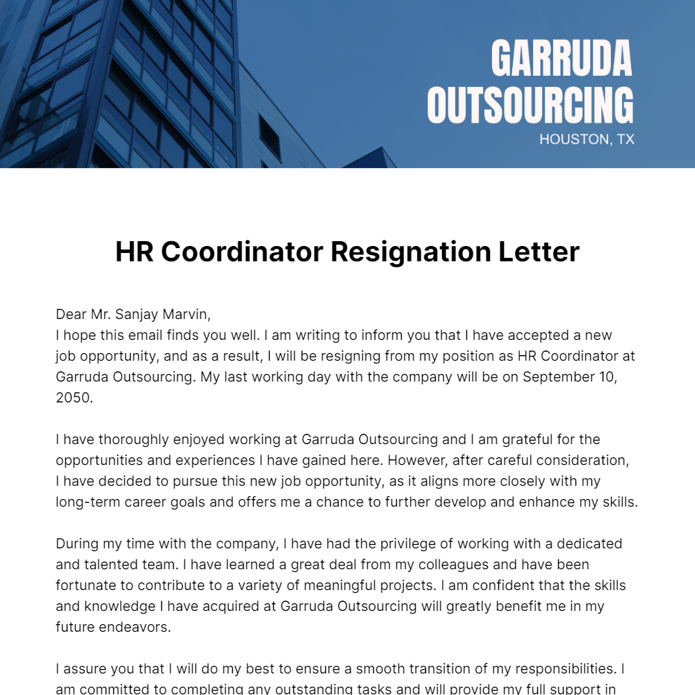 Free HR Coordinator Resignation Letter  Template