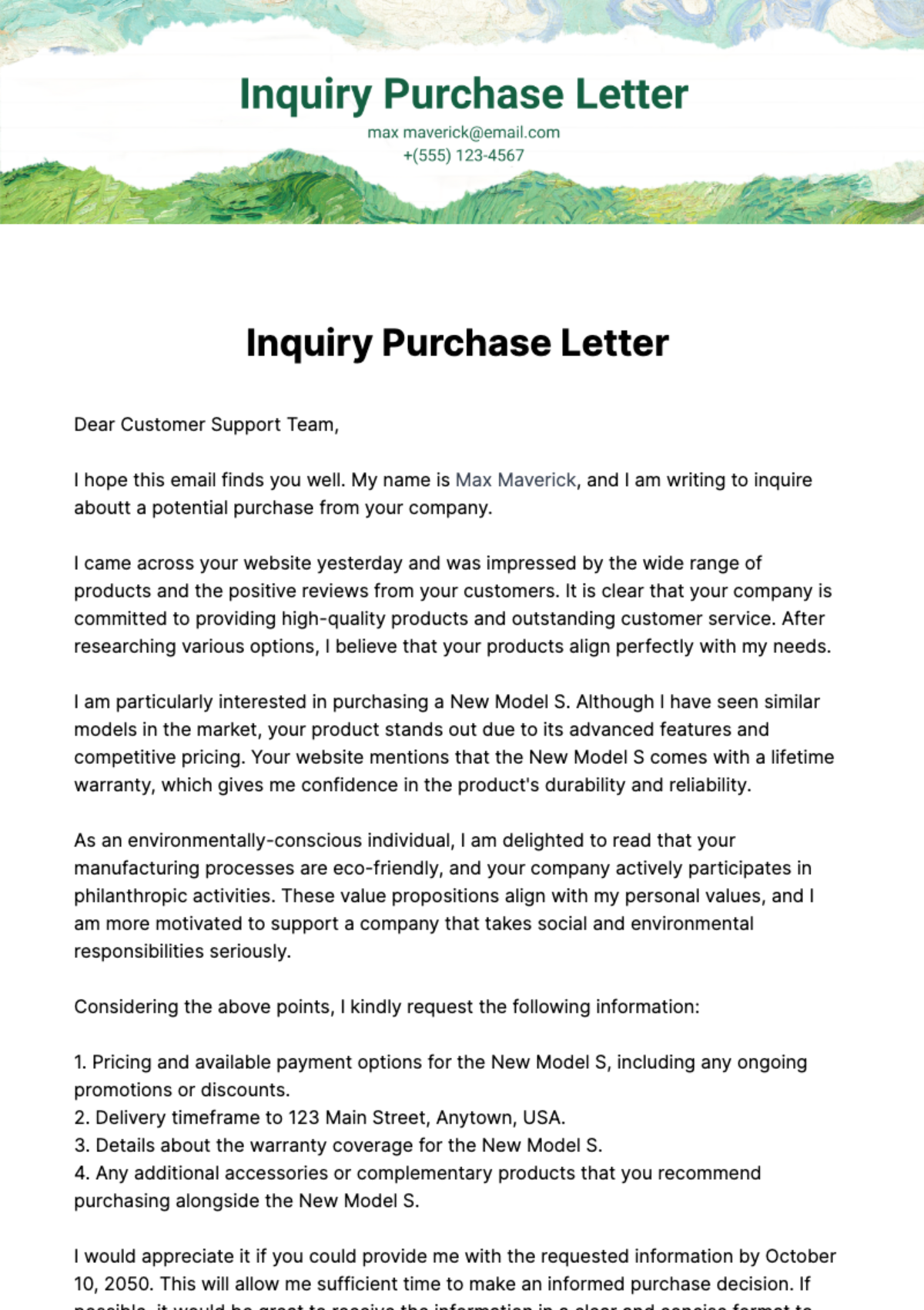 Free Inquiry Purchase Letter Template