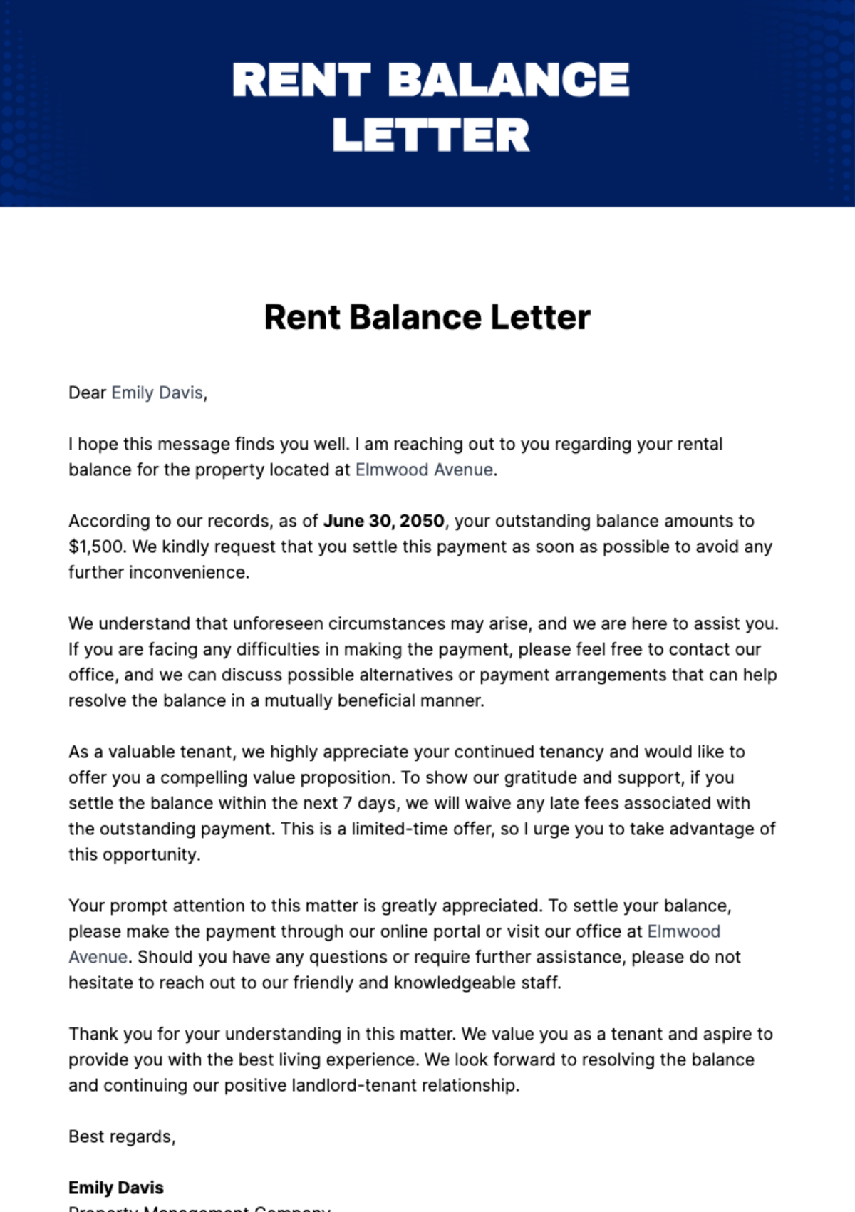 Free Rent Balance Letter Template
