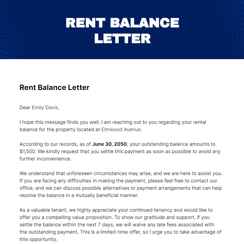 Free Rent Balance Letter