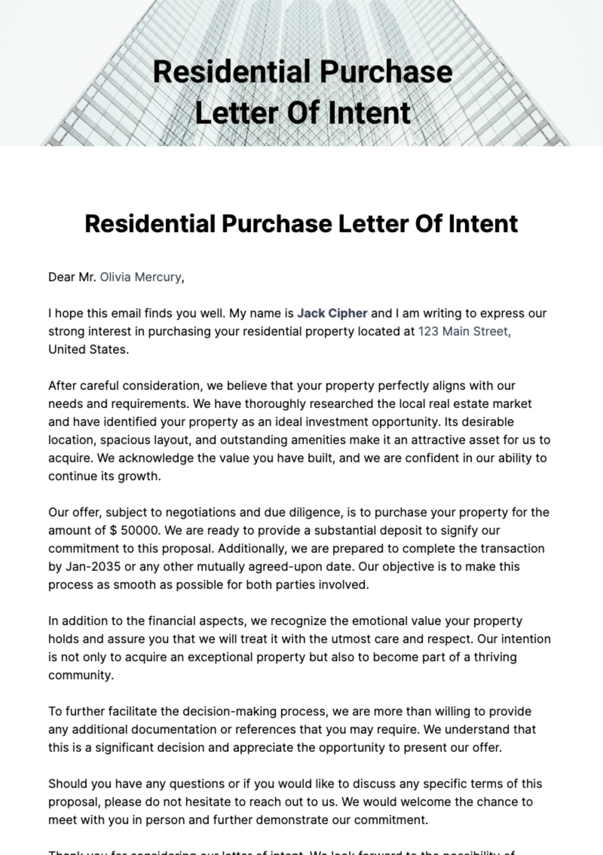 Residential Purchase Letter Of Intent Template