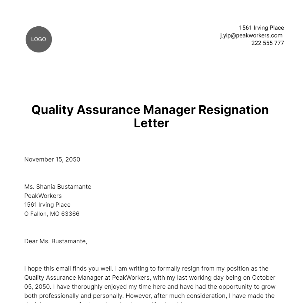 Quality Assurance Manager Resignation  Letter  Template