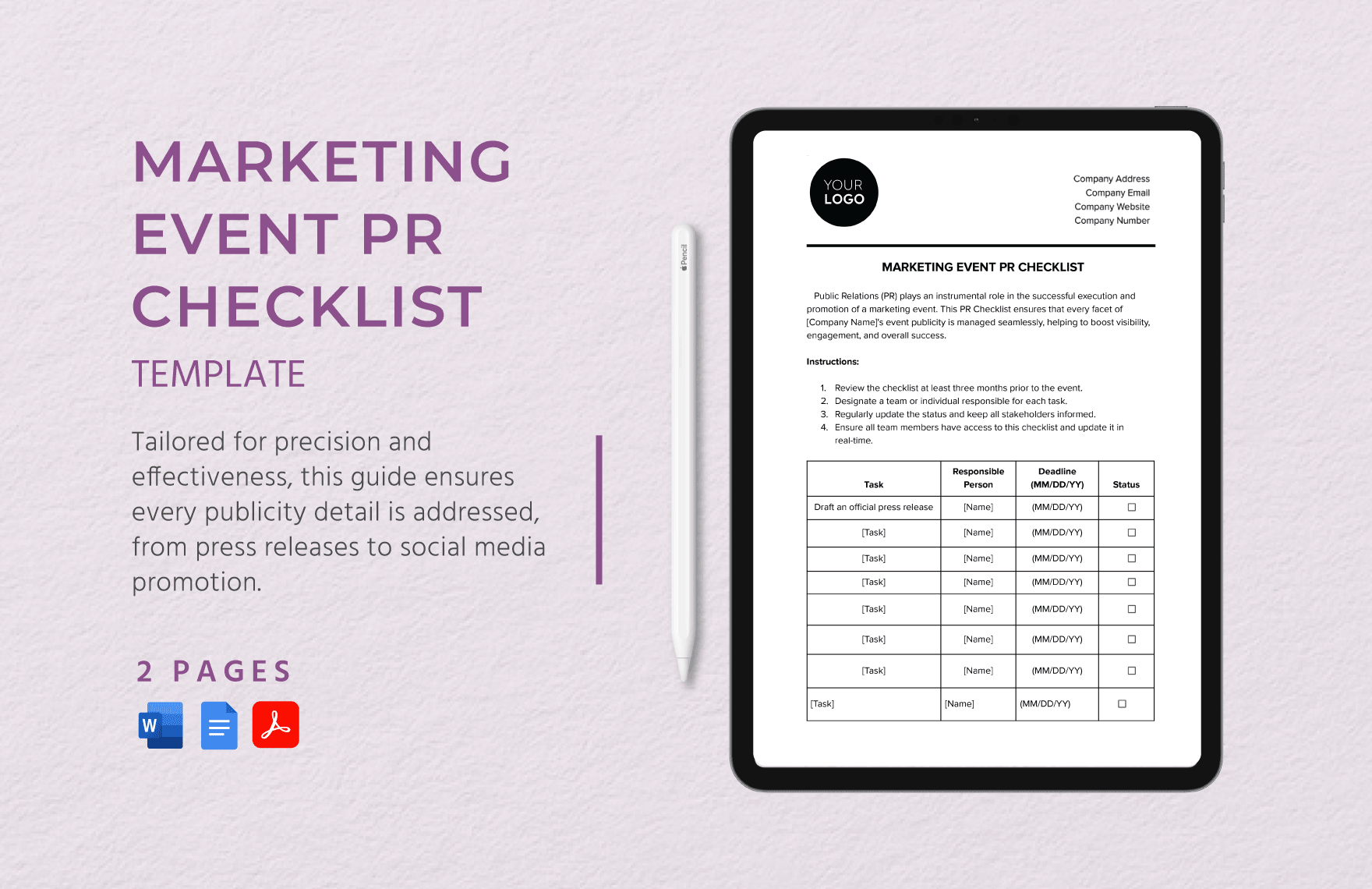 Marketing Event PR Checklist Template in Word, Google Docs, PDF