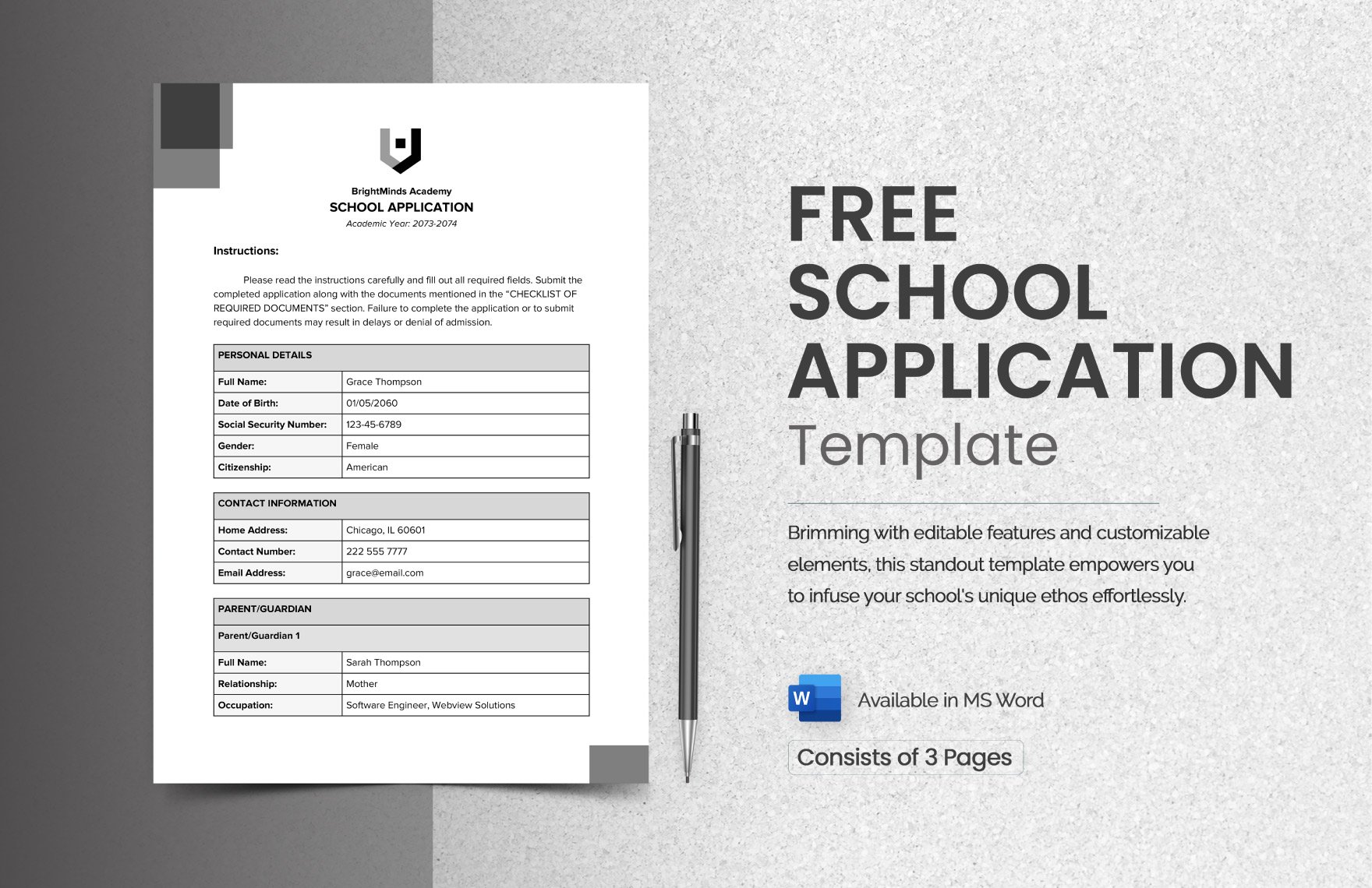 Free School Application Template in Word