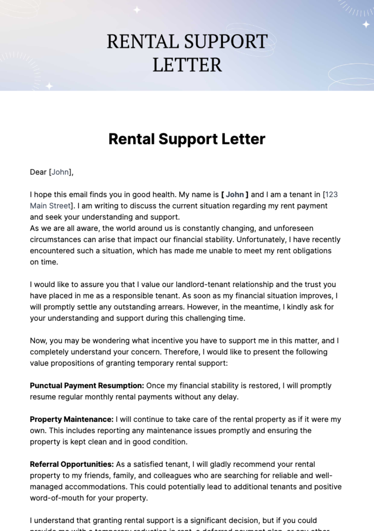 Rental Support Letter Template