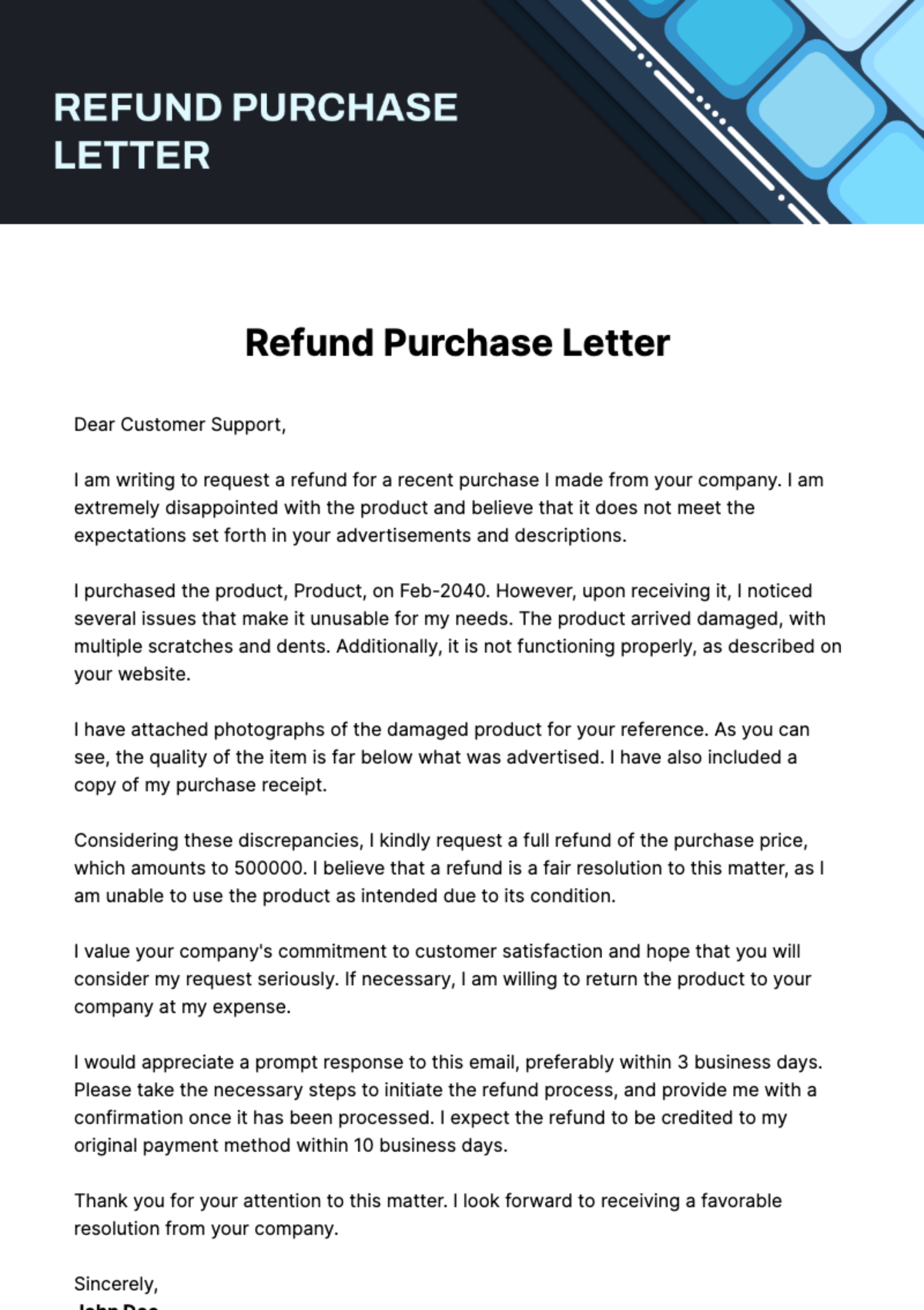 Free Refund Purchase Letter Template