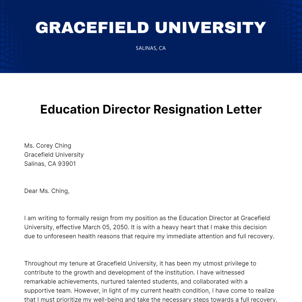 Free Education Director Resignation Letter  Template