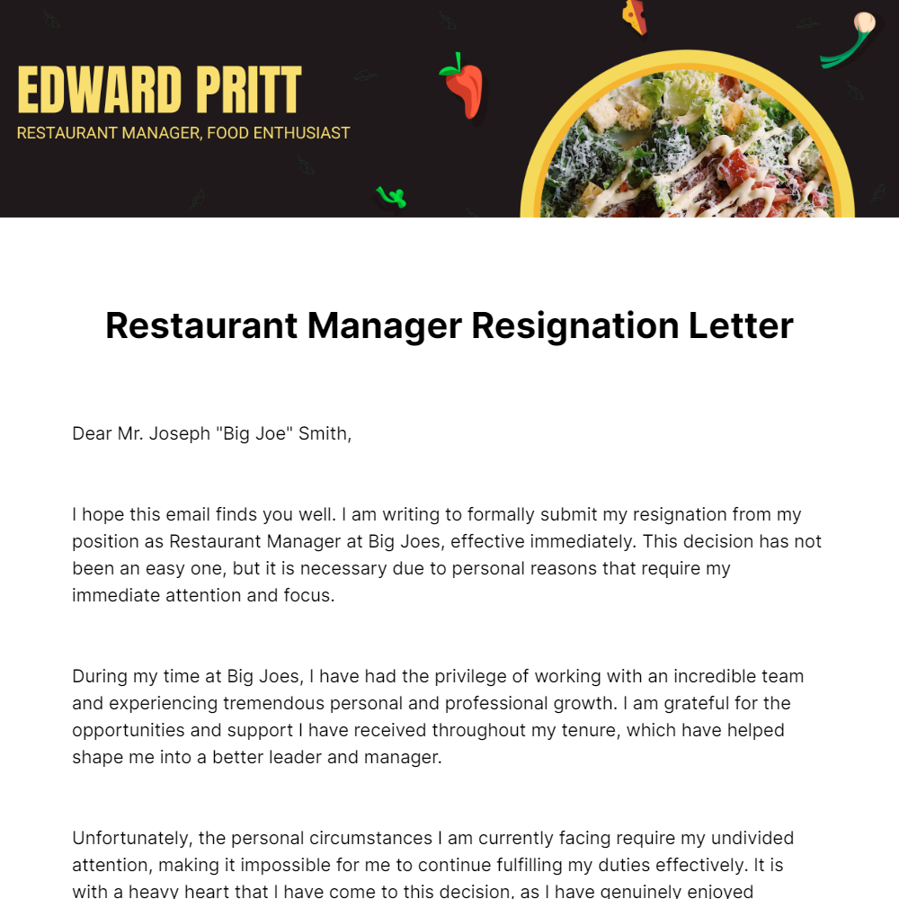 Free Restaurant Manager Resignation Letter  Template