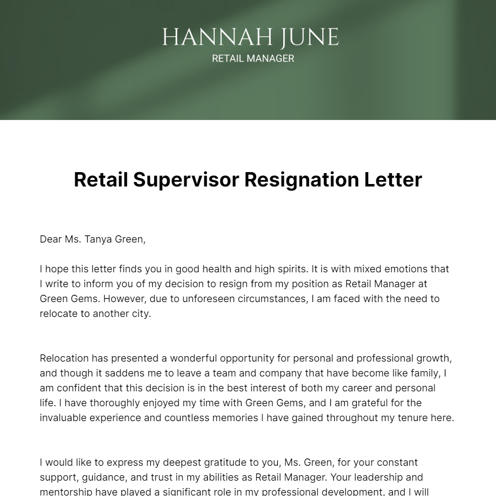 Free Retail Supervisor Resignation Letter  Template