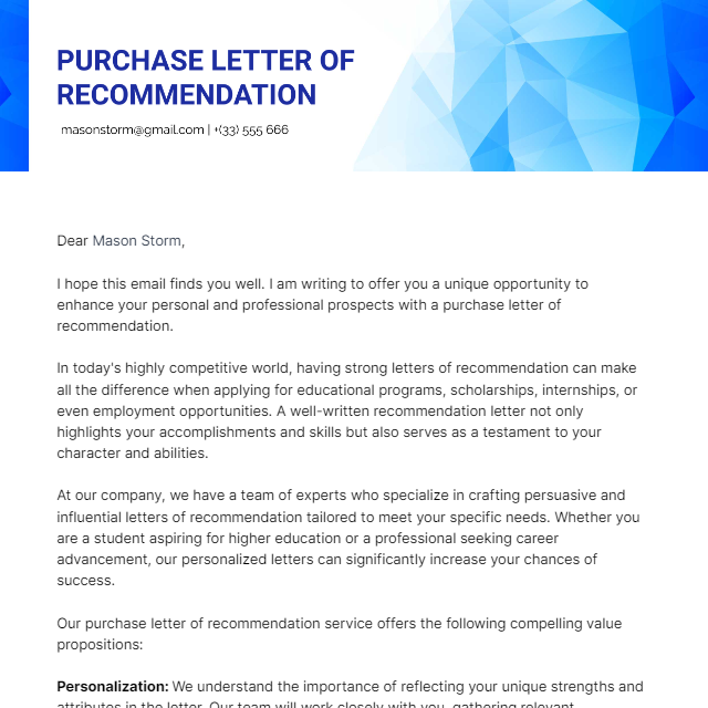 Purchase Letter Of Recommendation Template