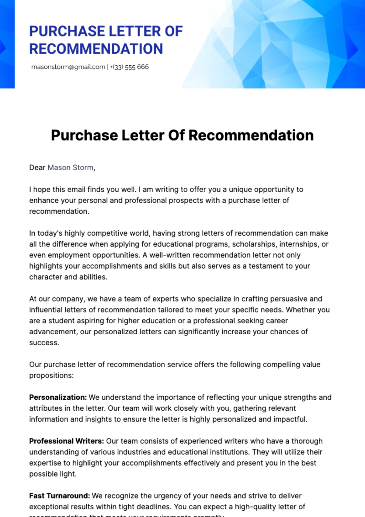 Free Purchase Letter Of Recommendation Template