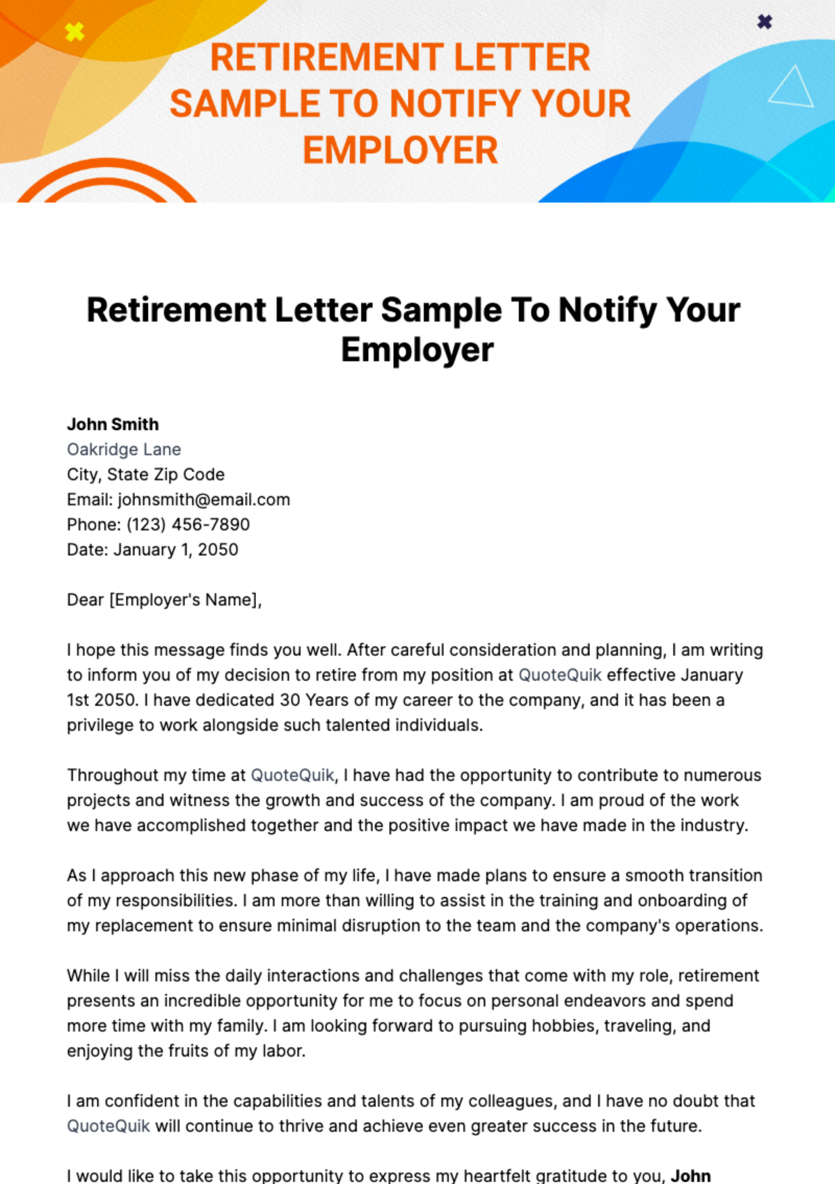 Free Retirement Letter Sample To Notify Your Employer Template