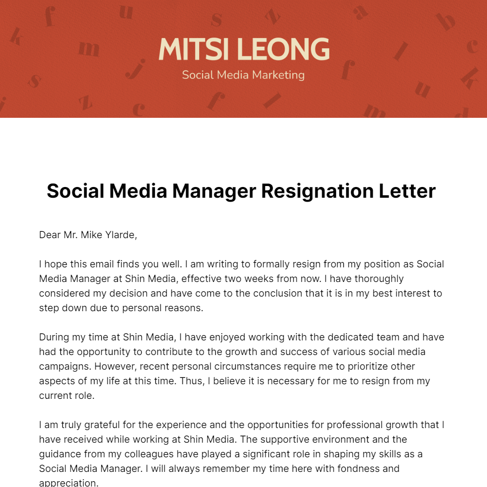 Social Media Manager Resignation Letter  Template