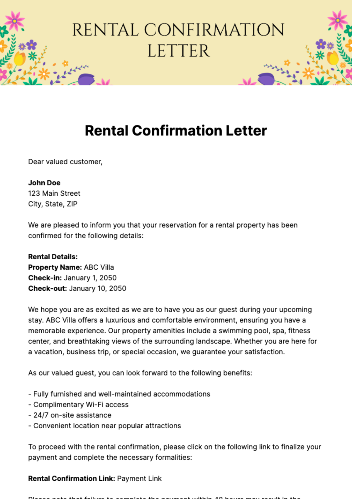 Free Rental Confirmation Letter Template