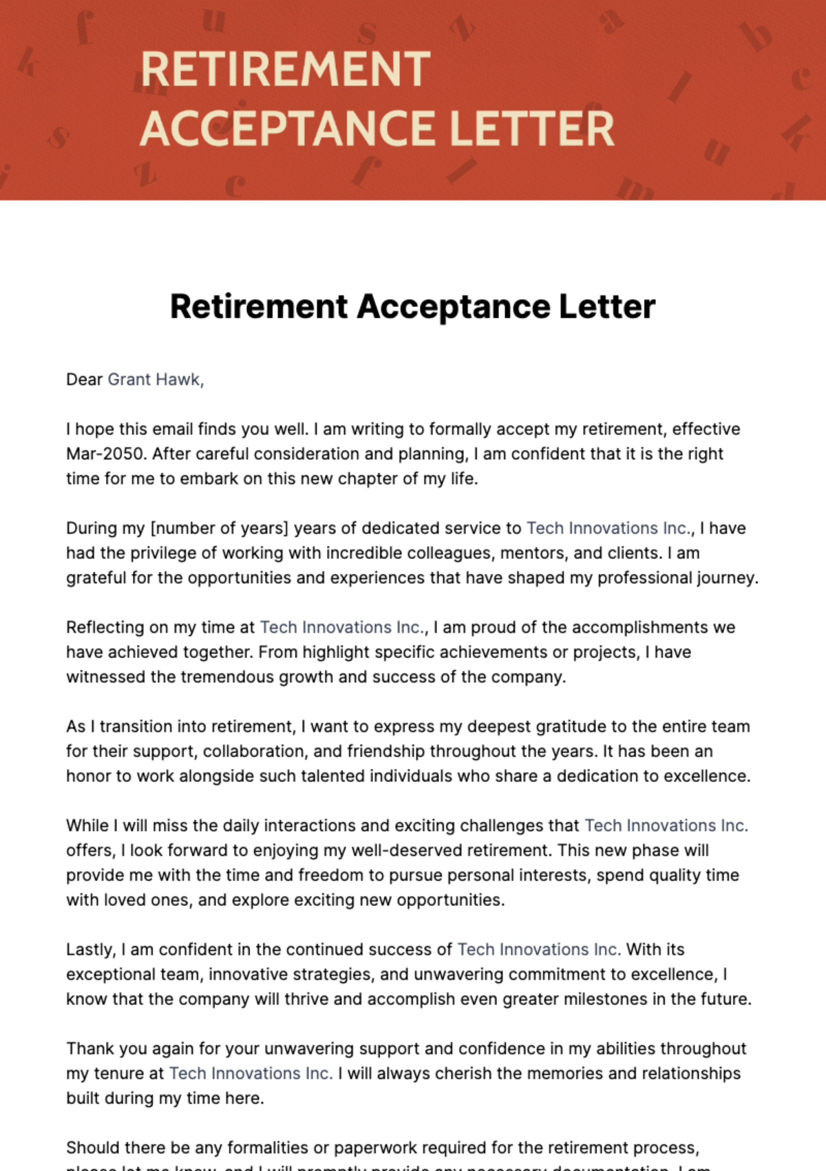 Free Retirement Acceptance Letter Template