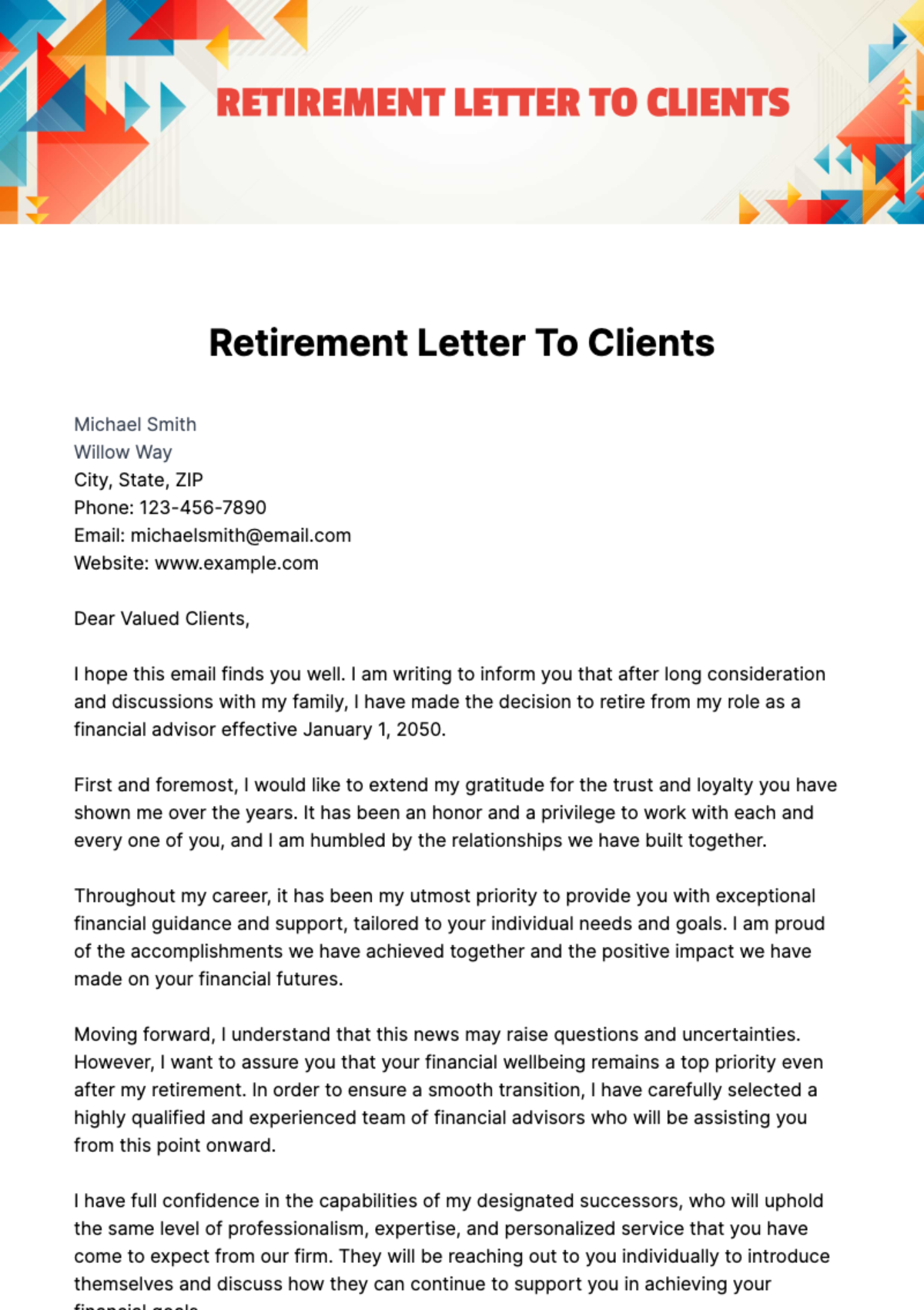Retirement Letter To Clients Template