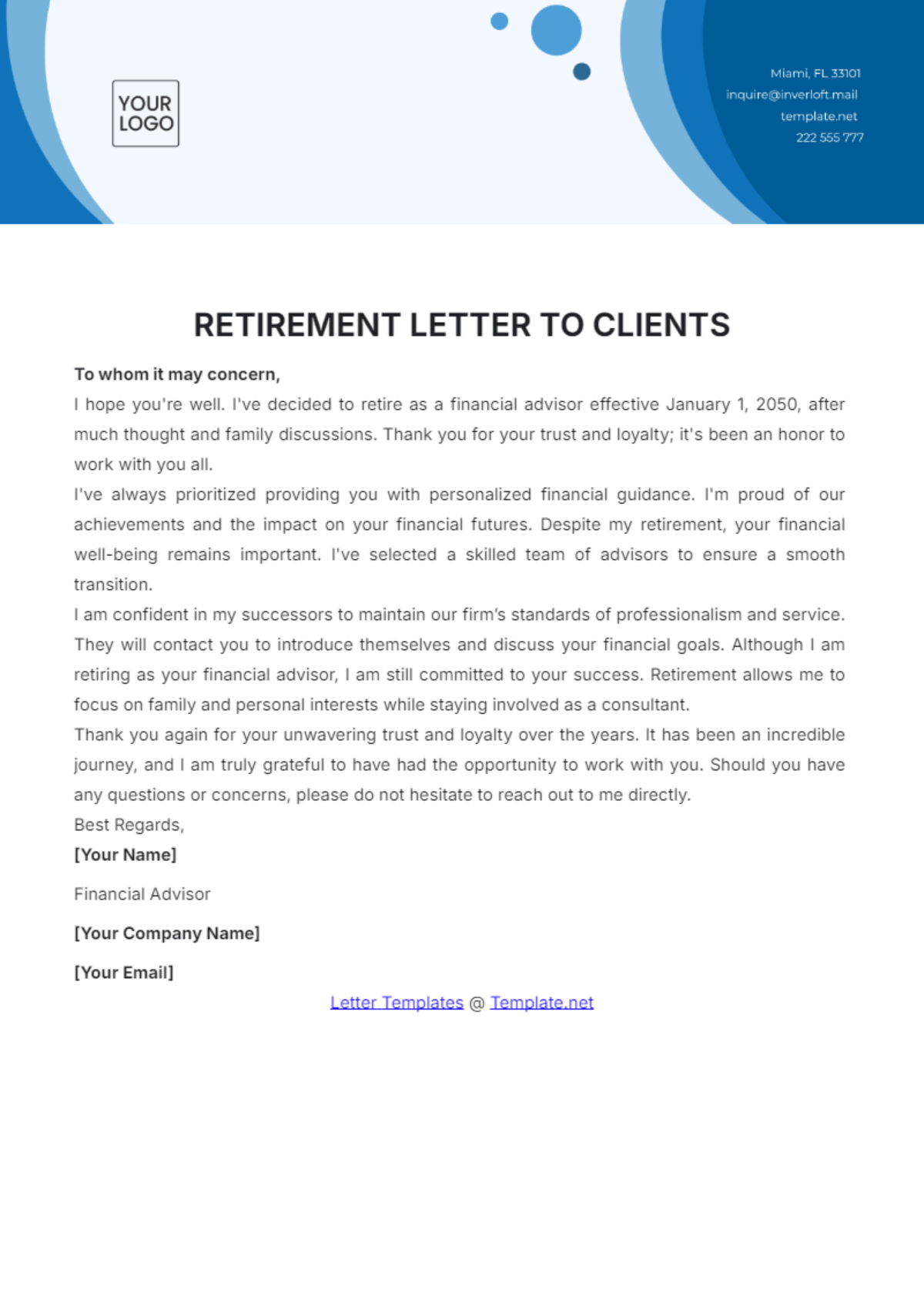 Retirement Letter to Clients Template - Edit Online & Download