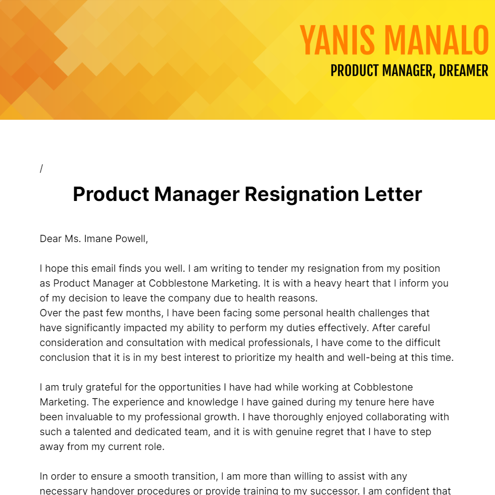 Product Manager Resignation Letter  Template
