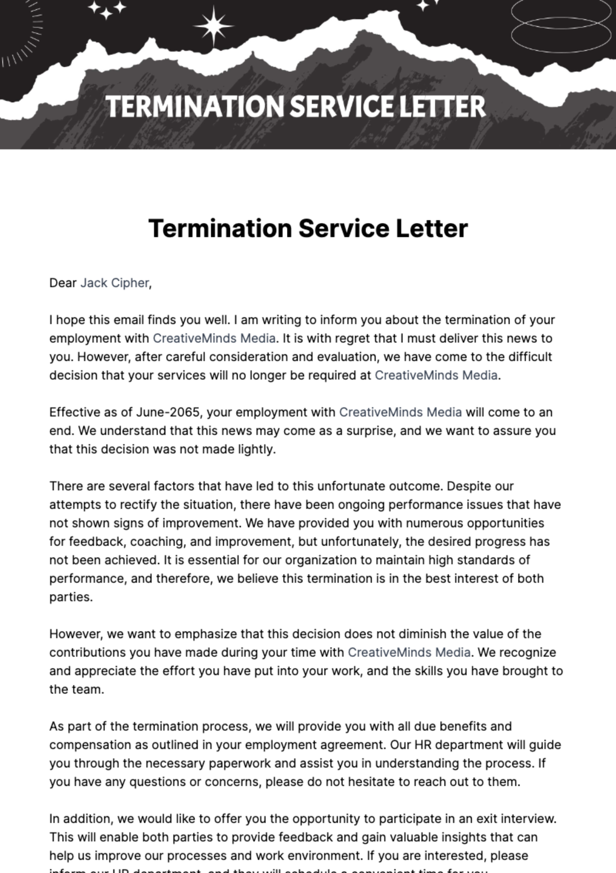 Termination Service Letter Template