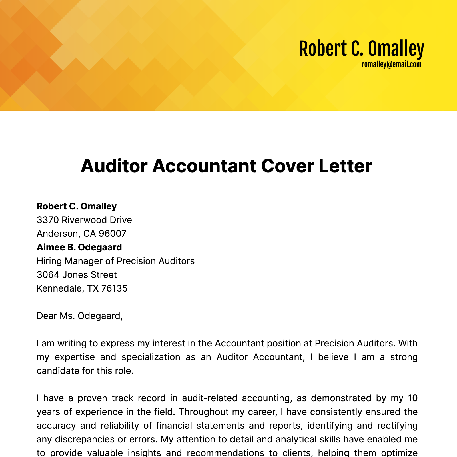 Auditor Accountant Cover Letter Template