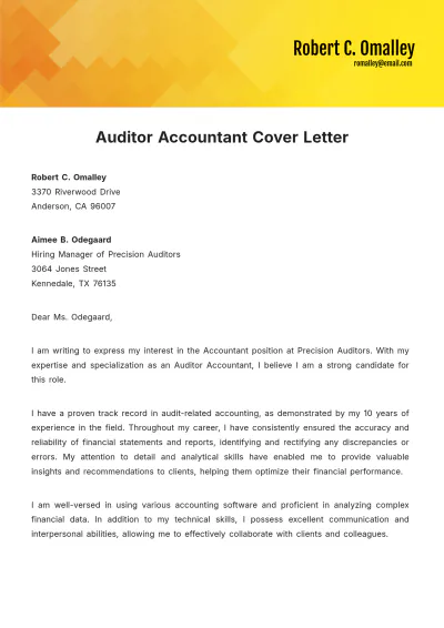 Free Auditor Accountant Cover Letter Template to Edit Online