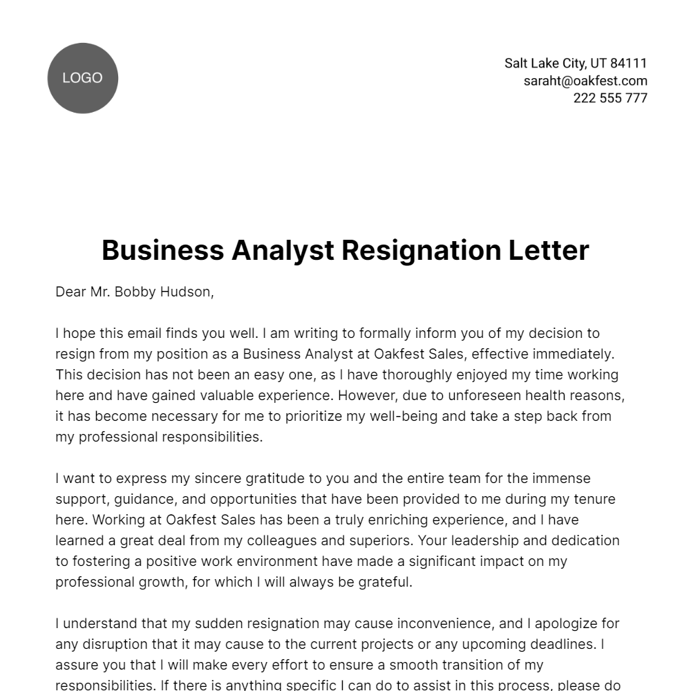 Business Analyst Resignation Letter  Template