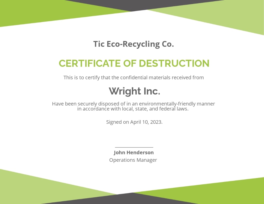 Printable Certificate of Destruction Template in Google Docs Inside Certificate Of Disposal Template