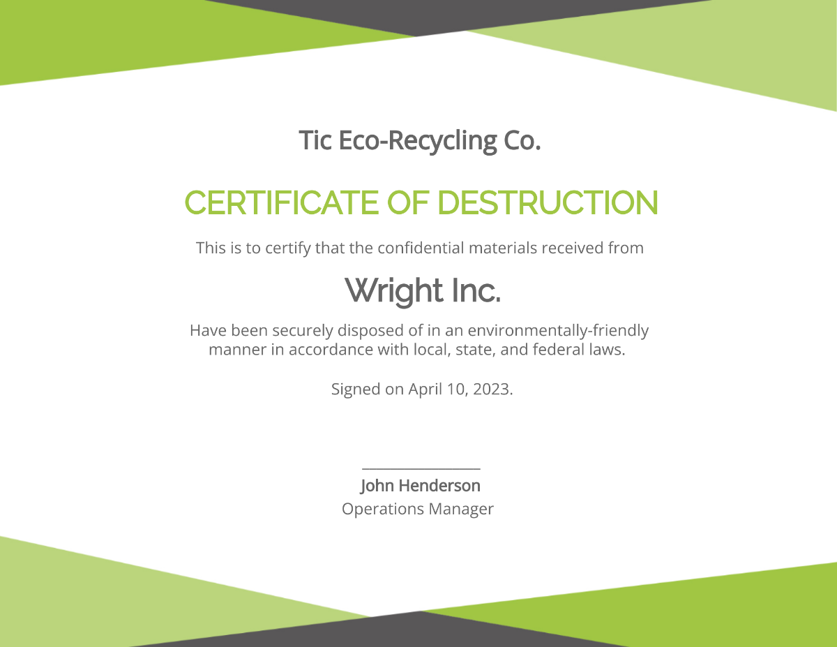 Printable Certificate of Destruction Template
