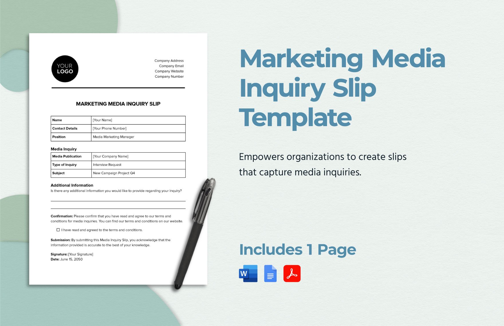 Marketing Media Inquiry Slip Template in Word, Google Docs, PDF