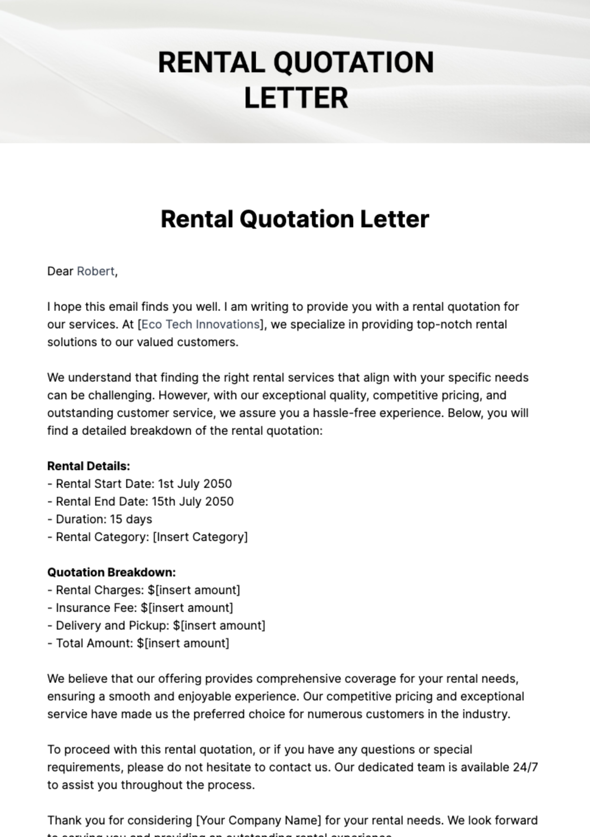 Free Rental Quotation Letter Template