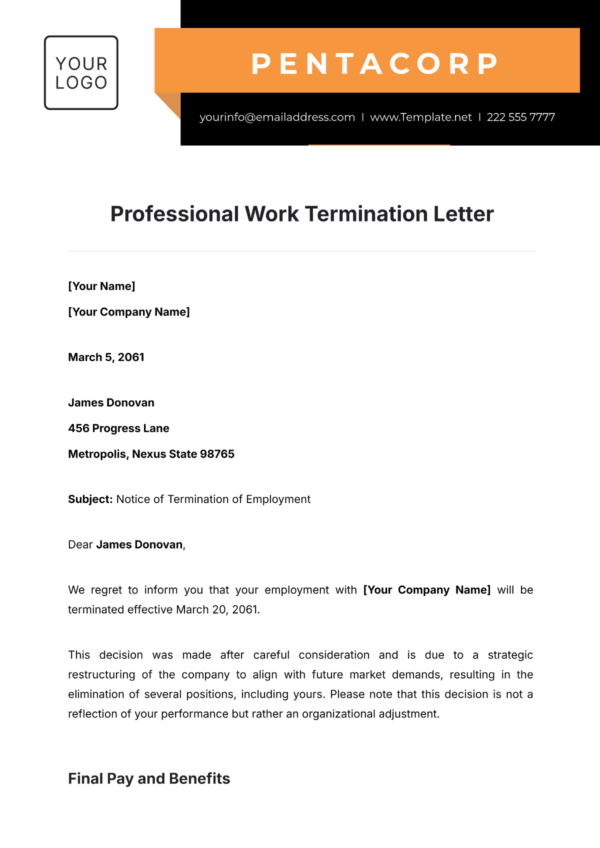 Professional Work Termination Letter Template - Edit Online & Download