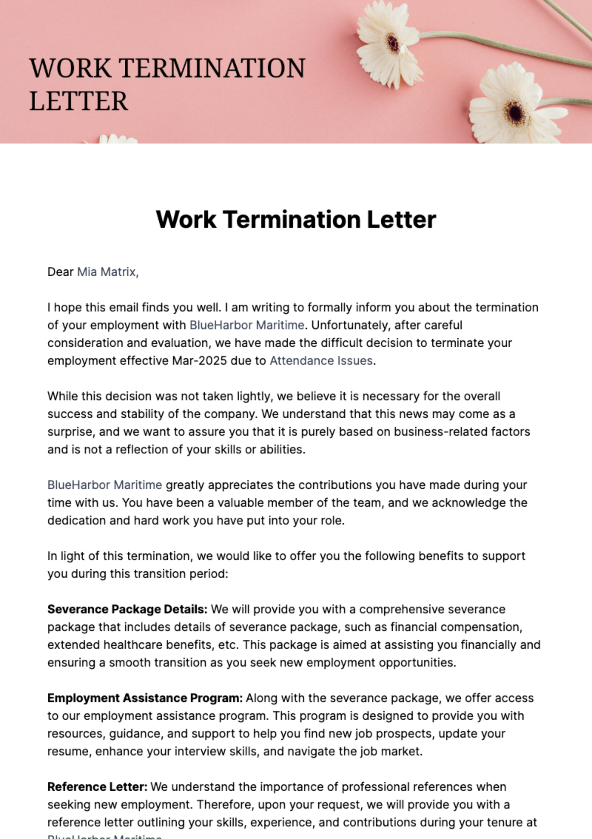 Work Termination Letter Template