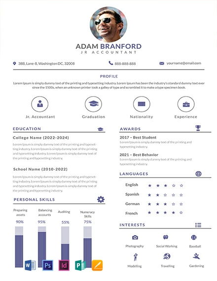 Simple Junior Accountant Resume Template - InDesign, Word, Apple Pages, PSD, Publisher