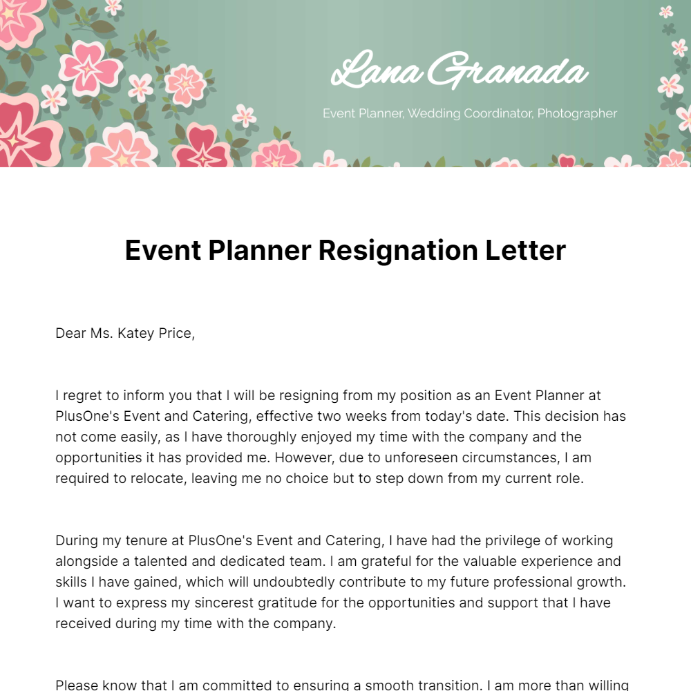 Event Planner Resignation Letter  Template