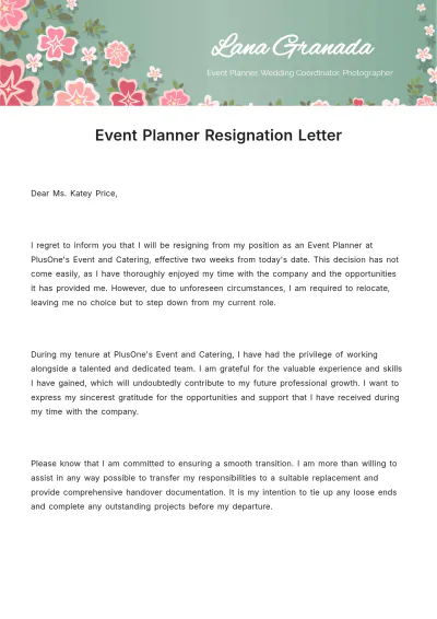 Free Event Planner Resignation Letter  Template to Edit Online