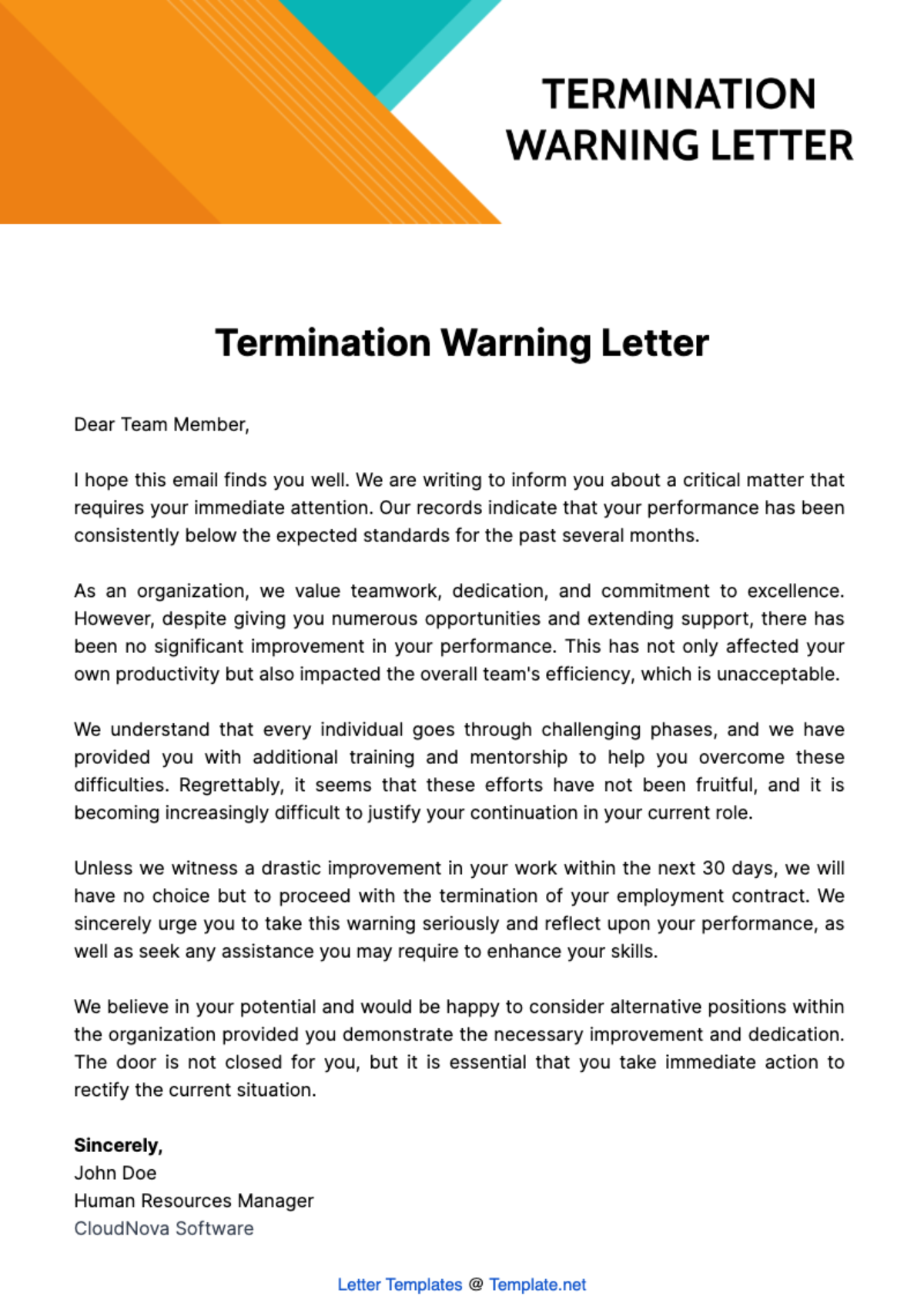 Free Termination Warning Letter Template