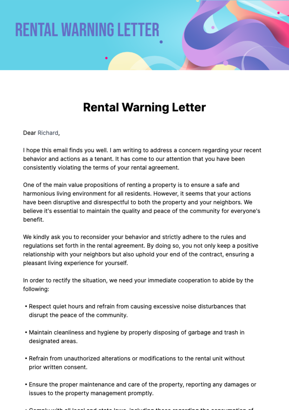 Rental Warning Letter Template