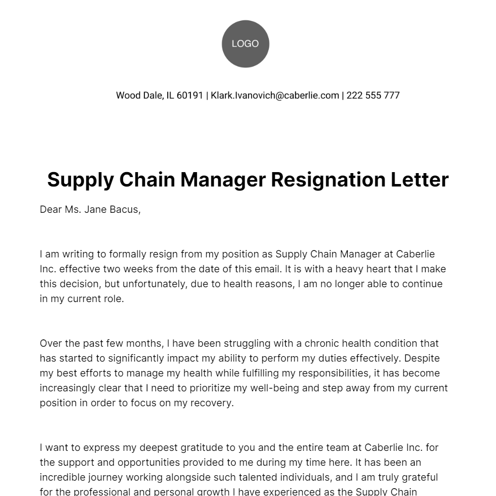 Free Supply Chain Manager Resignation Letter  Template