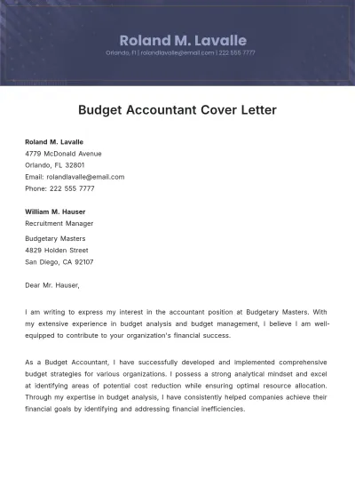 Free Budget Accountant Cover Letter Template to Edit Online