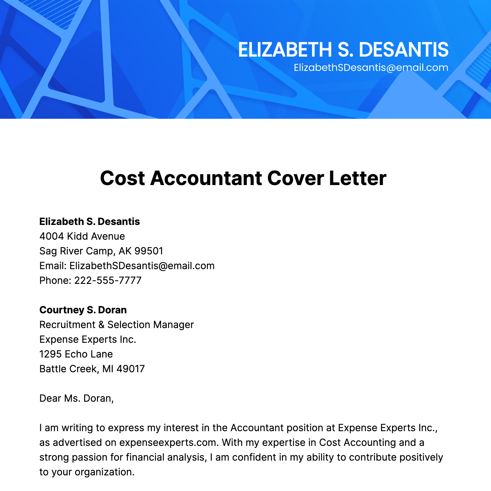 Cost Accountant Cover Letter Template