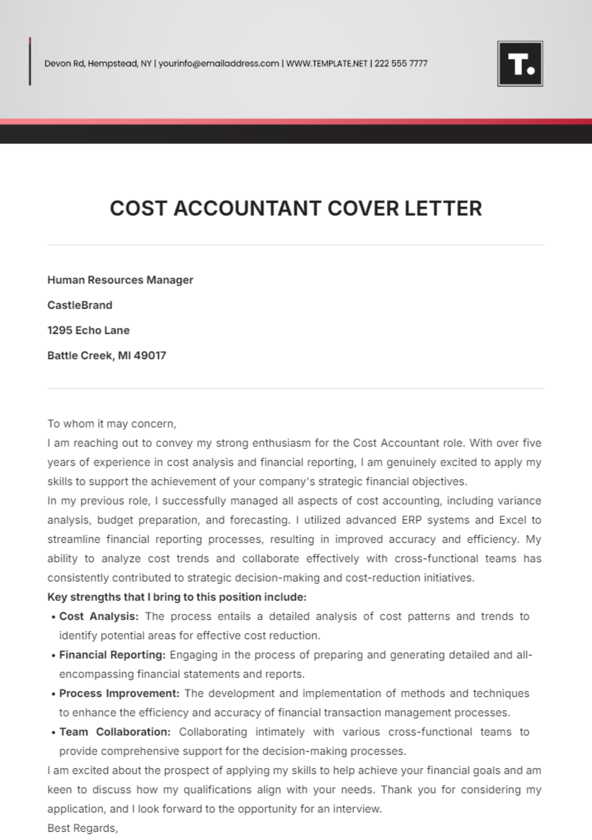 Cost Accountant Cover Letter Template