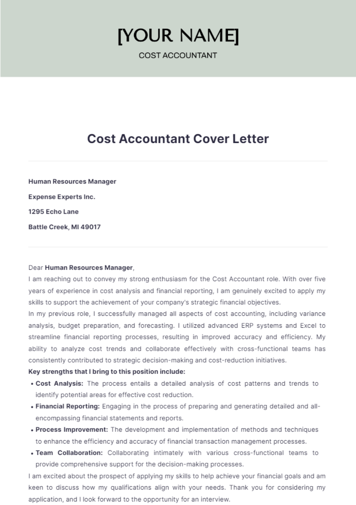 cover letter for cost accountant sample