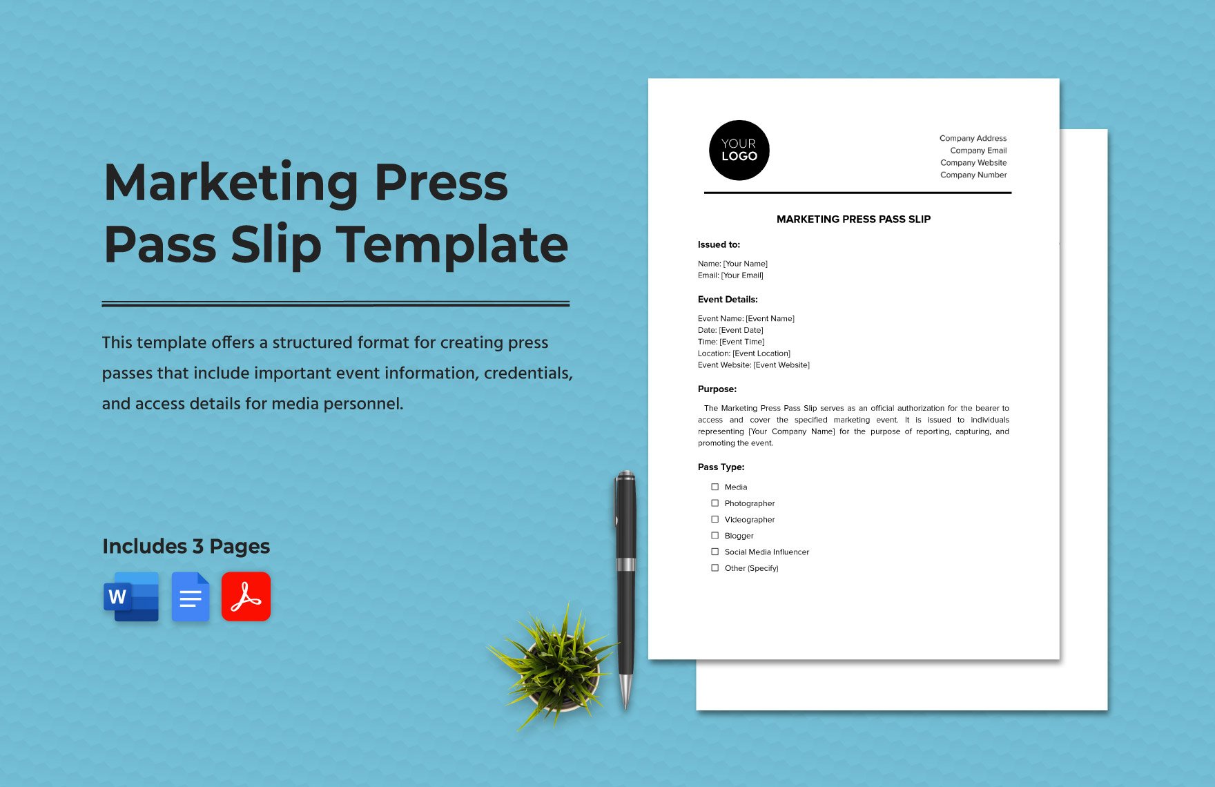 Marketing Press Pass Slip Template in Word, Google Docs, PDF