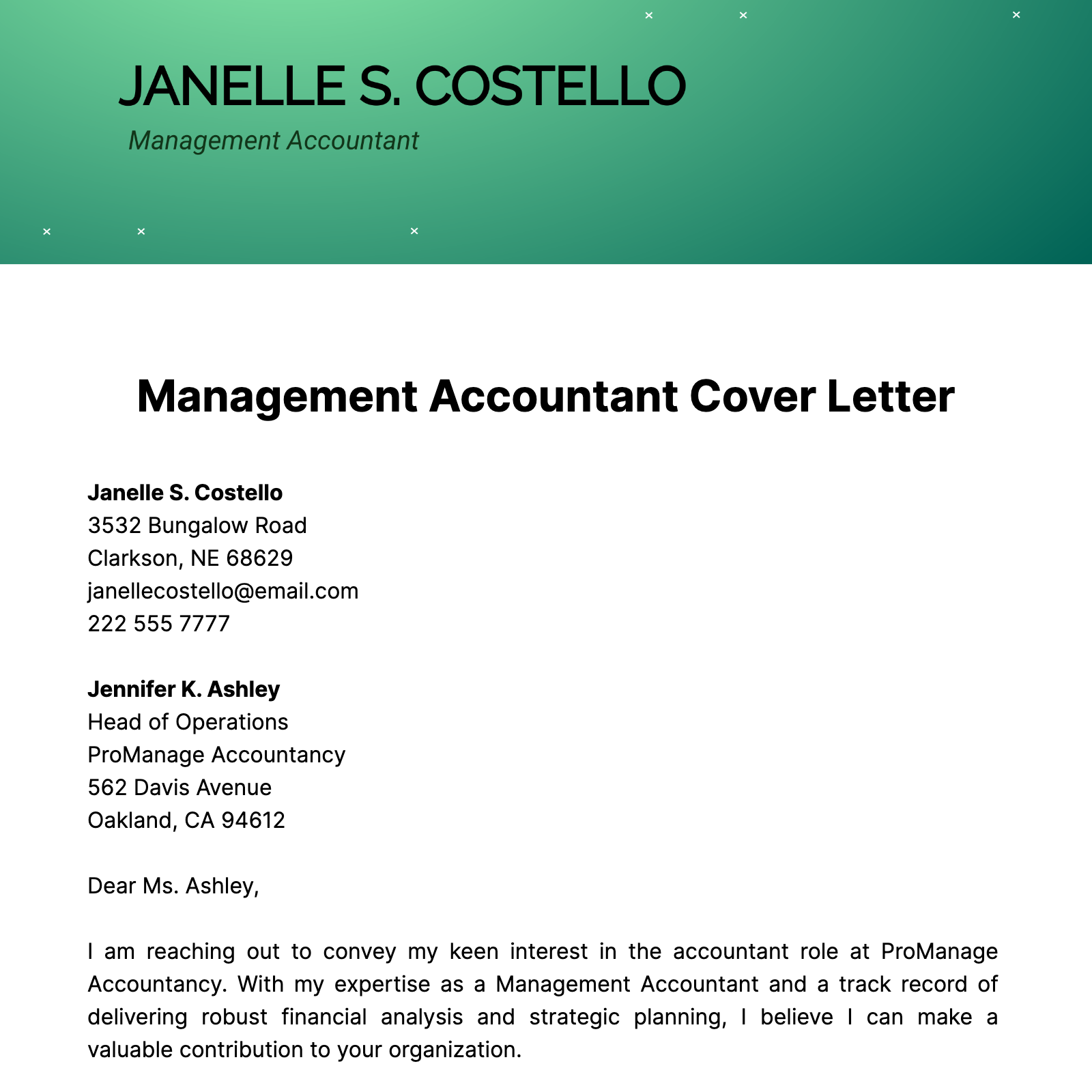 Management Accountant Cover Letter Template
