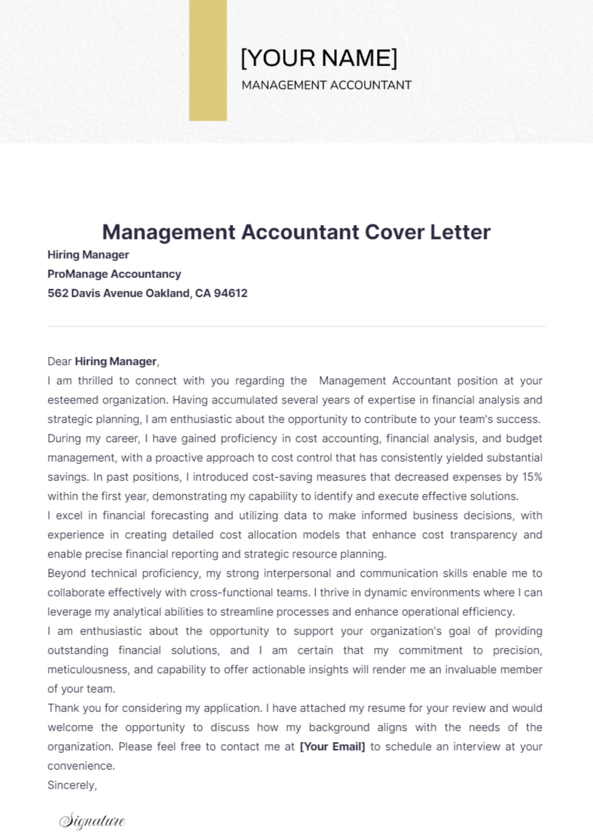 Management Accountant Cover Letter