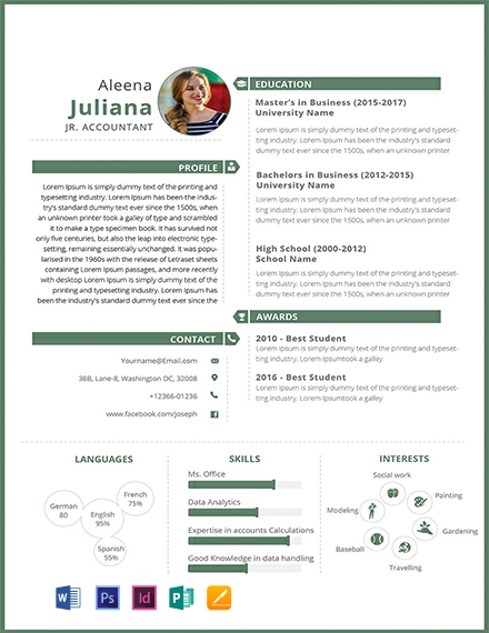 Junior Accountant Resume Template - InDesign, Word, Apple Pages, PSD, Publisher