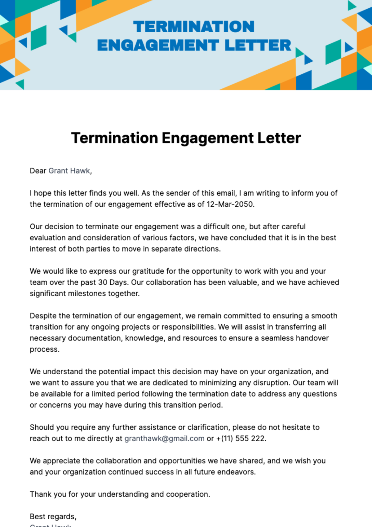 Termination Engagement Letter Template