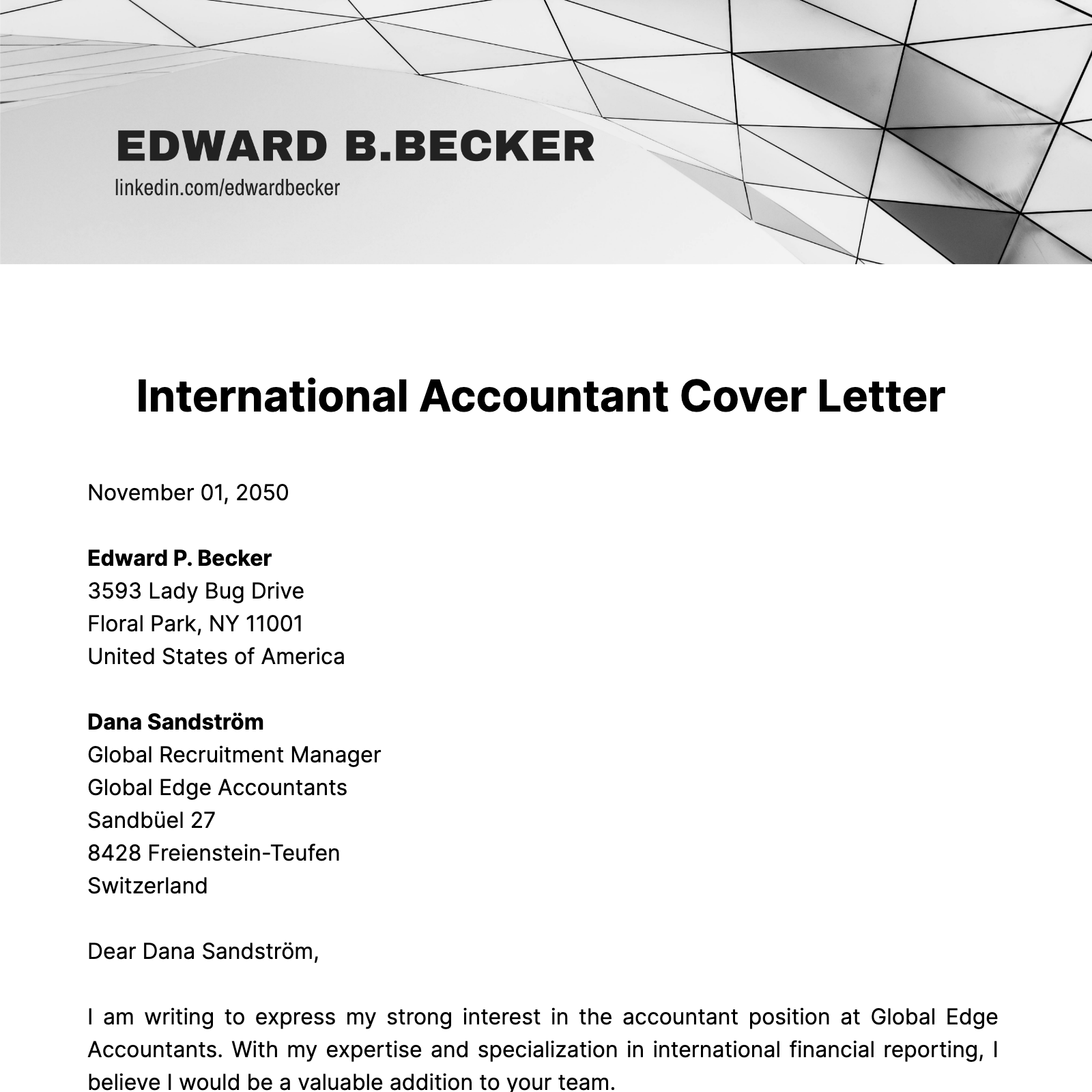 International Accountant Cover Letter Template